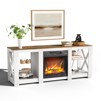 58寸水洗白色柜体+棕色台面双面交叉壁炉柜 147.3*40*60 18寸壁炉芯