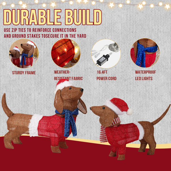 2pcs  30in 28in 棕色 腊肠狗组合 葱布 115L暖白皮线灯   圣诞灯饰经典元素 4.5V 3.6W 美规-10