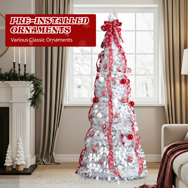 7ft 白色 伸缩圣诞树 PVC 170暖白灯8模式  带红白色配饰 圣诞树 30V 3.6W 美规-14