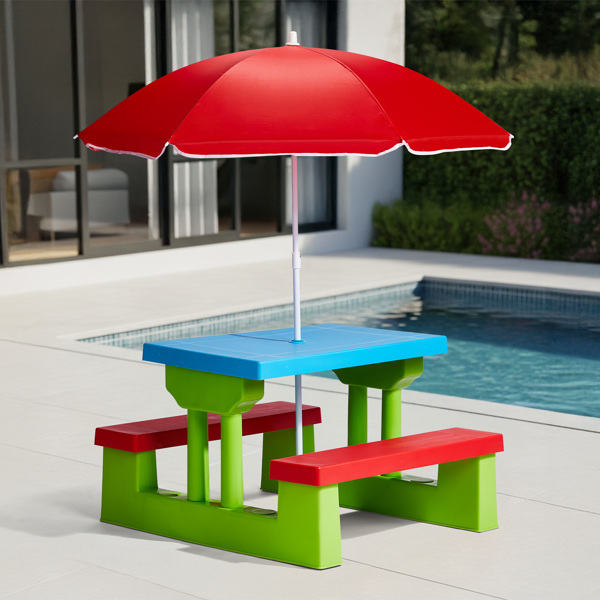 30.7inch 1pc桌子+2pcs凳子 红蓝绿拼色 儿童庭院桌椅套装-5