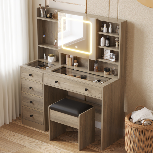 9262灰 刨花板 钢化玻璃桌面 贴麻面三胺 5抽 带层架 带挂钩  梳妆桌套装 带排插 LED三色调光-1