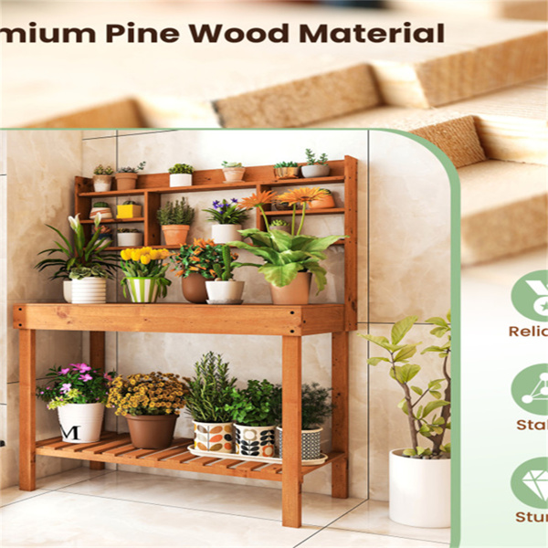 61英寸木制园艺工作台：翻转式桌面+隐藏式隔间，3层存储，净重35磅，硬木花园桌-7