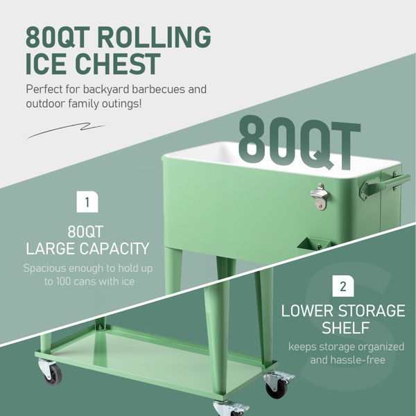 80QT 豆绿色 冷冻保温推车 87.5*38.5*91cm 长方形 塑料箱体 铁脚管 冷冻保温-2