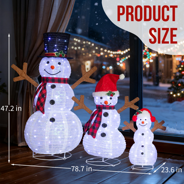 3pcs 4ft 3ft 2ft 白色 红格围巾雪人一家 雪花闪粉布 270L白光LED灯 伸缩款 圣诞灯饰雪人 30V 3.6W 美规-8