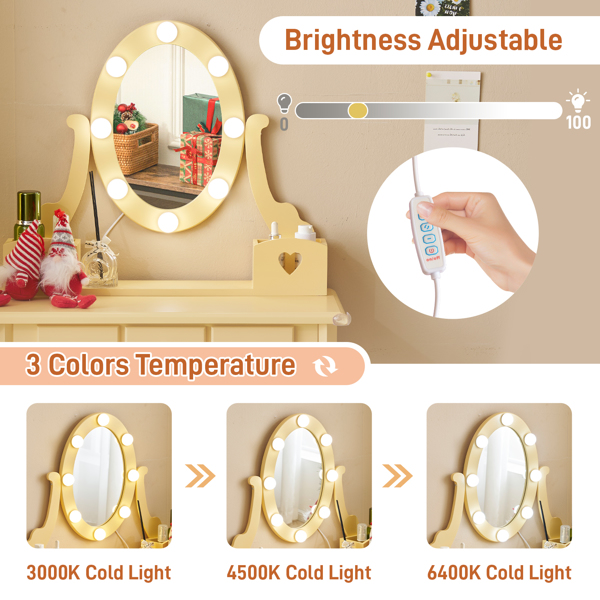 马卡龙橙 密度板 喷漆 3抽 2收纳筒  儿童梳妆桌套装 带三色调光 调节亮度灯泡  欧式-15