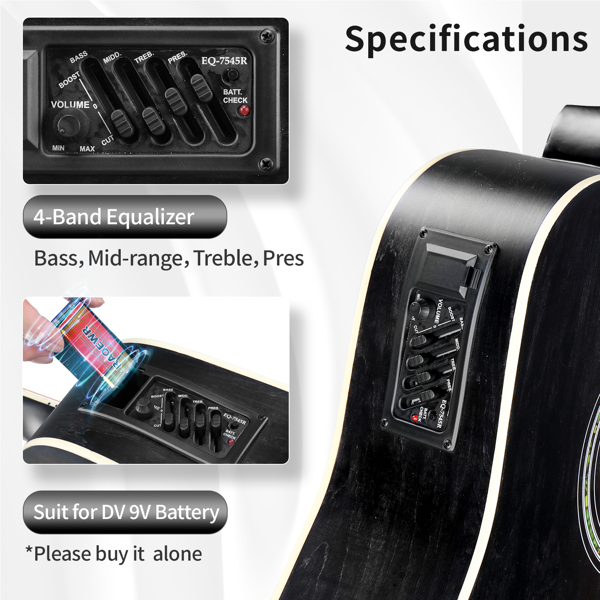 【亚马逊禁售】KMA101 41in 缺角调音EQ 椴木 带音箱 民谣吉他 擦色黑色-8