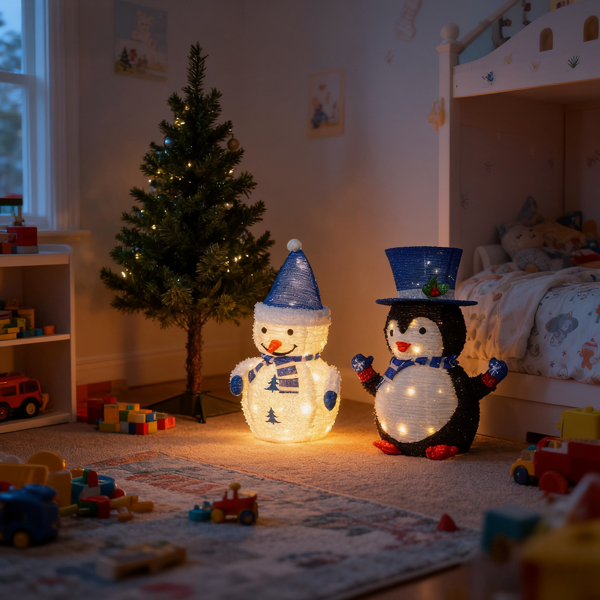 2pcs  28in  雪人企鹅组合 羊圈绒布 100L暖白皮线灯   伸缩款 圣诞灯饰经典元素 4.5V 3.6W 美规-12