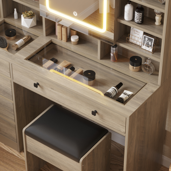 9262灰 刨花板 钢化玻璃桌面 贴麻面三胺 5抽 带层架 带挂钩  梳妆桌套装 带排插 LED三色调光-7