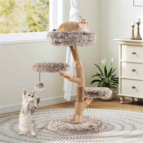 4层天然梨木猫树-19.5“x35.5”，黄麻划痕柱+毛绒球，长毛绒-7