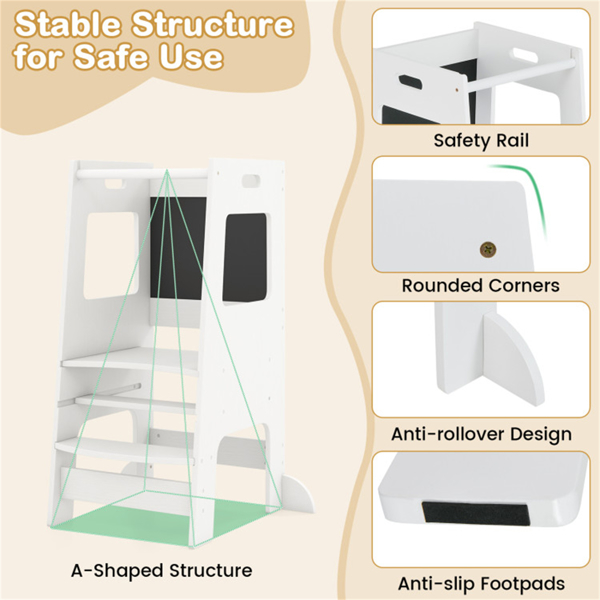 多用途幼儿厨房踏步凳，带活动黑板，高度可调，轨道-白色-6