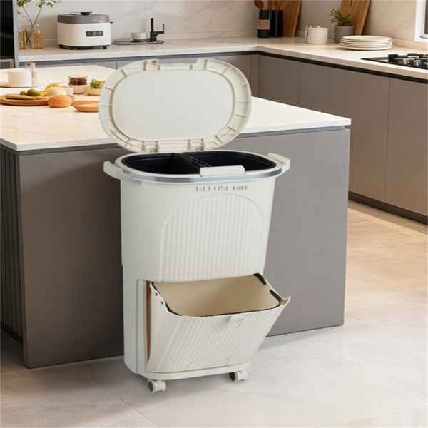 10加仑带盖厨房垃圾桶和2个可拆卸桶，2个隔间，PP材料，17" x 11.5" x 29.5"-5
