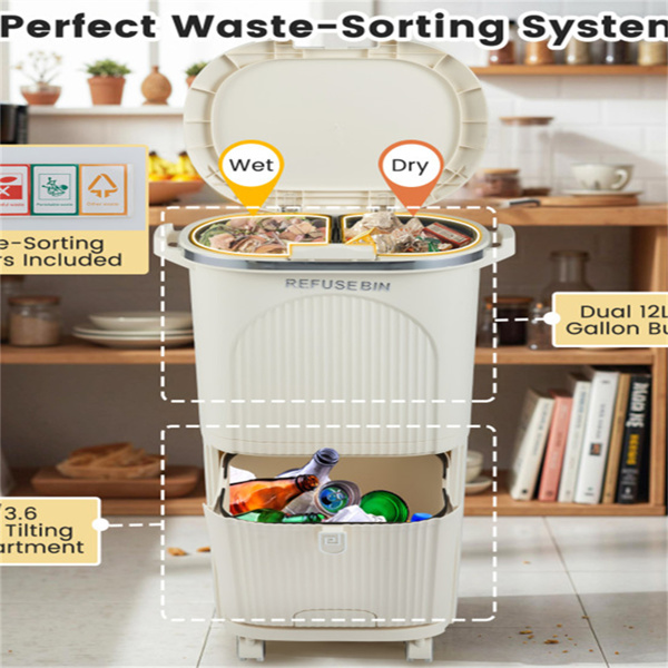 10加仑带盖厨房垃圾桶和2个可拆卸桶，2个隔间，PP材料，17" x 11.5" x 29.5"-10