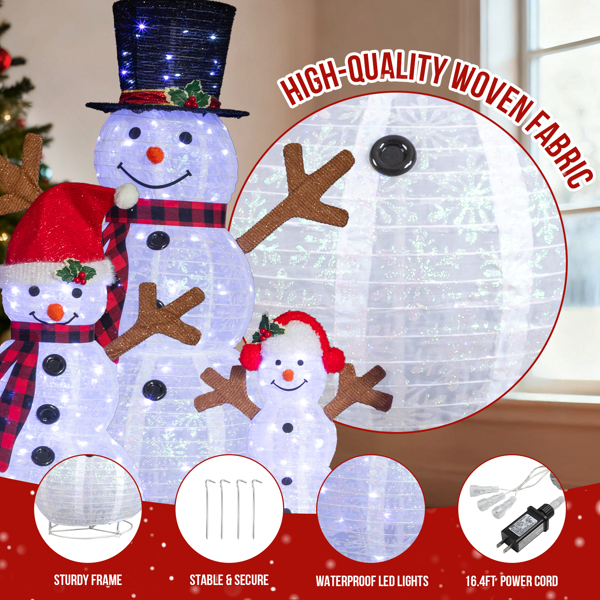 3pcs 4ft 3ft 2ft 白色 红格围巾雪人一家 雪花闪粉布 270L白光LED灯 伸缩款 圣诞灯饰雪人 30V 3.6W 美规-5