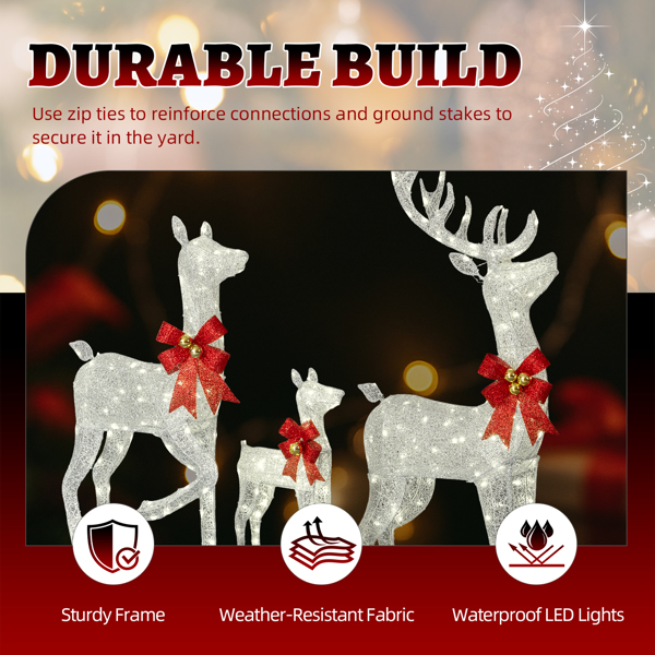 3pcs 5FT  银色 家庭麋鹿 290LED暖白灯 闪粉网纹布 圣诞灯饰麋鹿 30V 6W-3