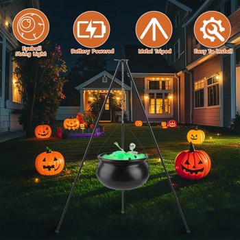 <b style=\\'color:red\\'>Halloween</b> Witch Cauldron <b style=\\'color:red\\'>Decoration</b> Set,  Metal Tripod with Skeleton & 2 String Lights, Easy