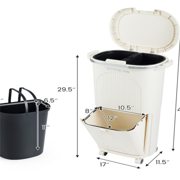 10加仑带盖厨房垃圾桶和2个可拆卸桶，2个隔间，PP材料，17" x 11.5" x 29.5"-3