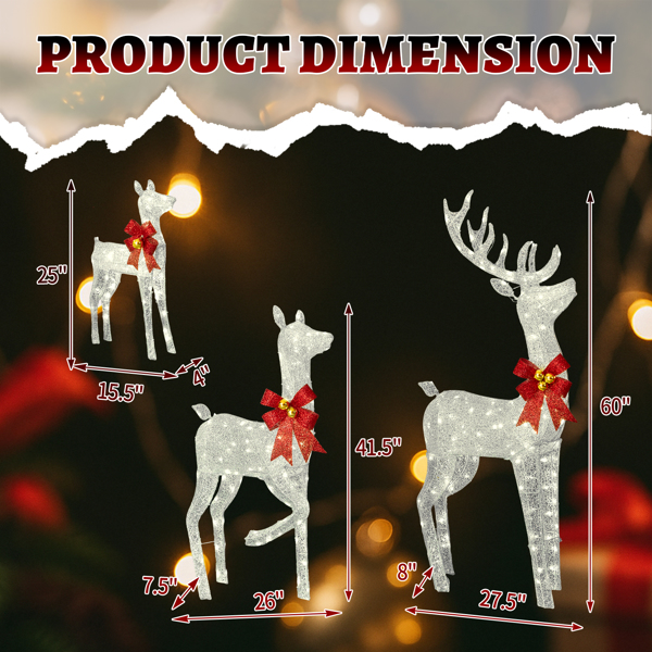 3pcs 5FT  银色 家庭麋鹿 290LED暖白灯 闪粉网纹布 圣诞灯饰麋鹿 30V 6W-7