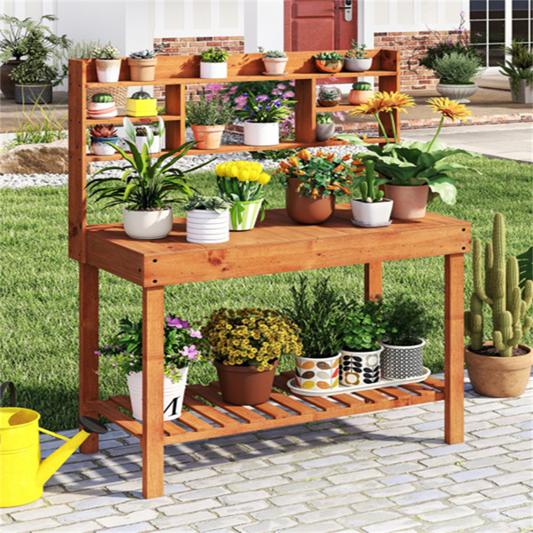 61英寸木制园艺工作台：翻转式桌面+隐藏式隔间，3层存储，净重35磅，硬木花园桌-2