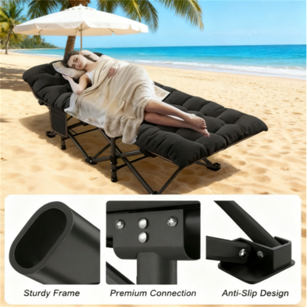 黑色户外露营床，带垫子和手提包，重型户外床-6