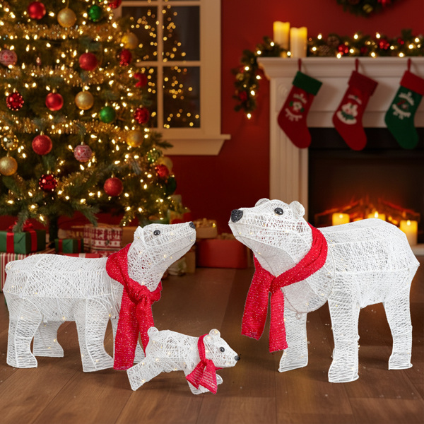 3pcs 27.5in 白色 北极熊一家 绕线撒粉 190L暖白皮线灯 圣诞灯饰经典元素 30V 3.6W 美规-12