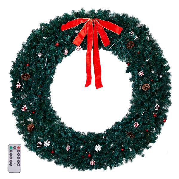 72in 绿色 花环 带蝴蝶结 红银色配饰 1200枝头 300LED暖白灯8模式  带遥控   PVC 圣诞PVC花环 30V 3.6W 美规-1
