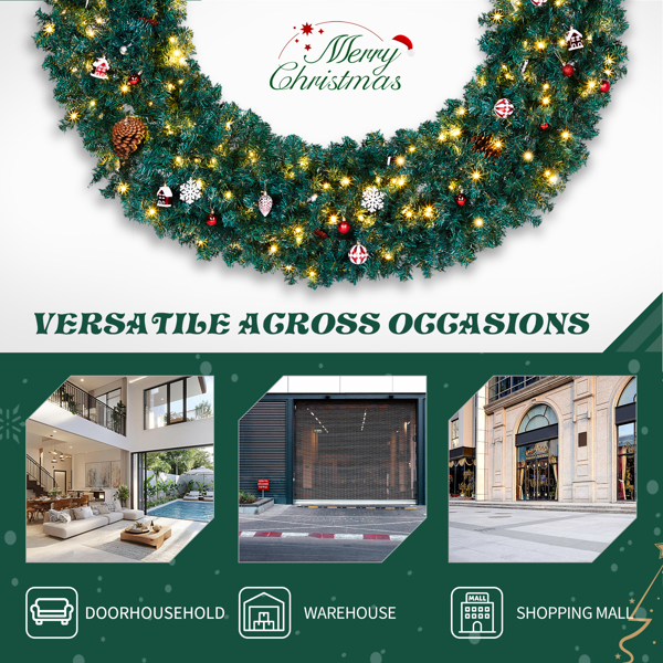 72in 绿色 花环 带蝴蝶结 红银色配饰 1200枝头 300LED暖白灯8模式  带遥控   PVC 圣诞PVC花环 30V 3.6W 美规-4