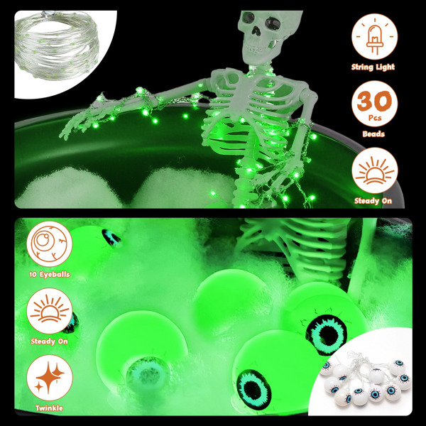 （自提可发加拿大，temu&tk下自提单）万圣节女巫坩埚装饰套装，金属三脚架、骷髅装饰及2串灯饰，室内外皆宜，轻松安装，适用于门廊、庭院、花园派对装饰。-5