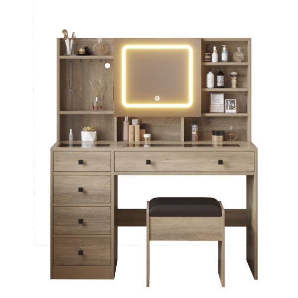 9262灰 刨花板 钢化玻璃桌面 贴麻面三胺 5抽 带层架 带挂钩  梳妆桌套装 带排插 LED三色调光-9