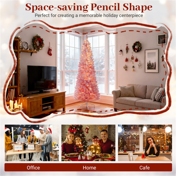 6英尺粉红色铅笔圣诞树，392个雪花头，140个暖白色LED（8种模式），带阻燃PVC-11