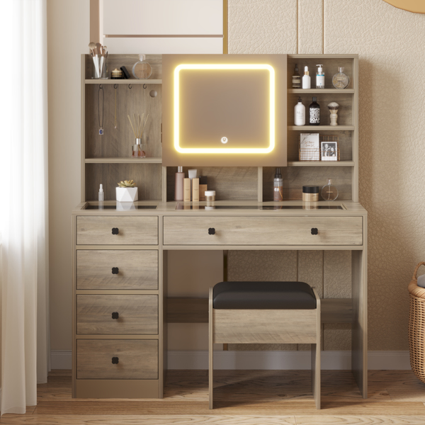 9262灰 刨花板 钢化玻璃桌面 贴麻面三胺 5抽 带层架 带挂钩  梳妆桌套装 带排插 LED三色调光-5