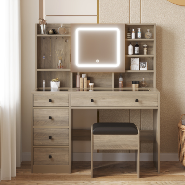 9262灰 刨花板 钢化玻璃桌面 贴麻面三胺 5抽 带层架 带挂钩  梳妆桌套装 带排插 LED三色调光-4