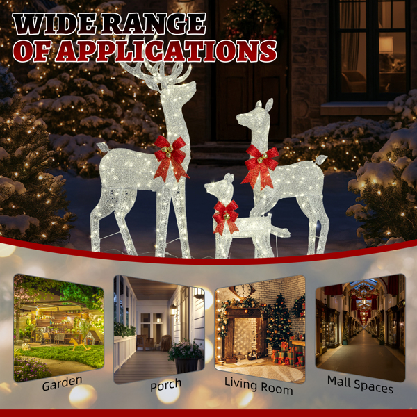 3pcs 5FT  银色 家庭麋鹿 290LED暖白灯 闪粉网纹布 圣诞灯饰麋鹿 30V 6W-6