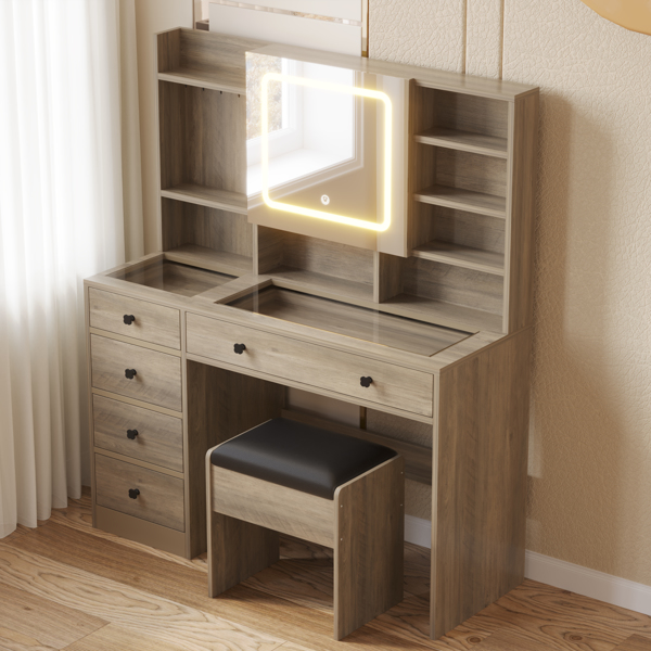 9262灰 刨花板 钢化玻璃桌面 贴麻面三胺 5抽 带层架 带挂钩  梳妆桌套装 带排插 LED三色调光-6