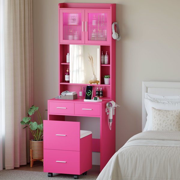 芭比粉 刨花板 贴麻面三胺 3抽2门 1LED3色调光可滑动镜 梳妆桌套装 带RGB灯带 1对羊角钩 排插 吹风机座 脚轮 小尺寸-1