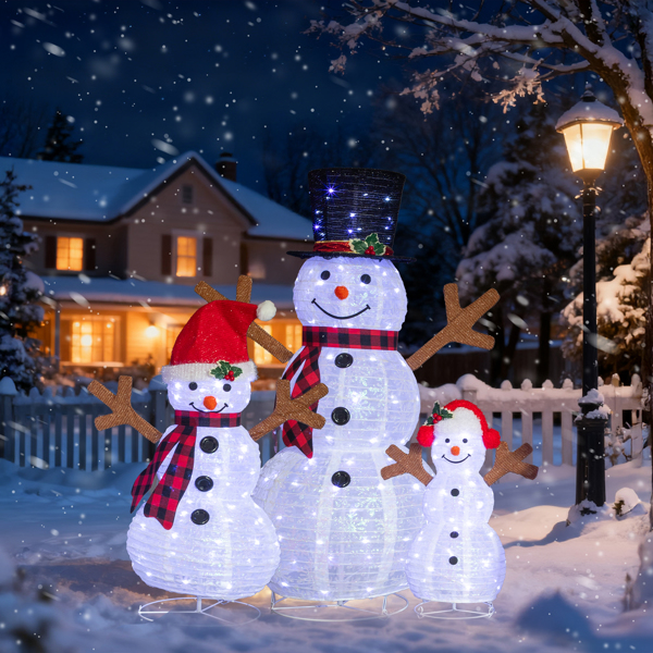 3pcs 4ft 3ft 2ft 白色 红格围巾雪人一家 雪花闪粉布 270L白光LED灯 伸缩款 圣诞灯饰雪人 31V 3.6W 英规-10