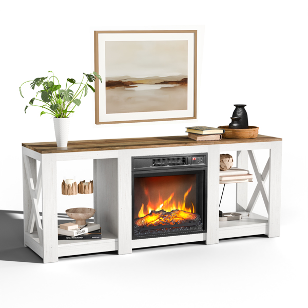 58寸水洗白色柜体+棕色台面双面交叉壁炉柜 147.3*40*60 18寸壁炉芯-1