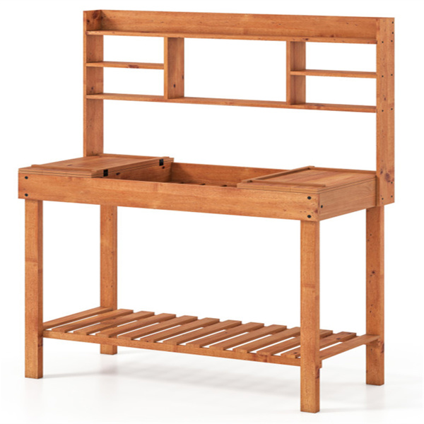 61英寸木制园艺工作台：翻转式桌面+隐藏式隔间，3层存储，净重35磅，硬木花园桌-4