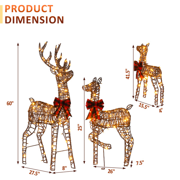 3pcs 5FT  棕色绕藤 家庭麋鹿 290LED暖白灯 塑料 圣诞灯饰麋鹿 30V 6W-7