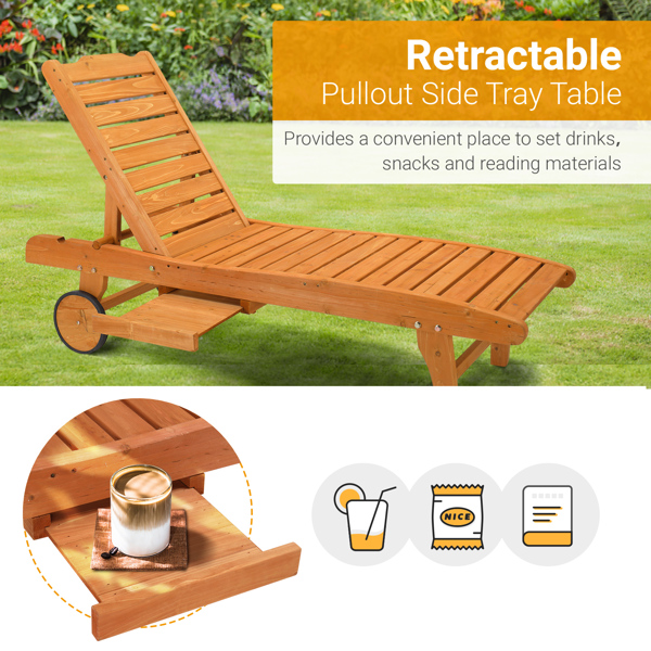  杉木 带轮带抽屉 两档调节 庭院木躺床 183*58*36.5cm 原木色 户外庭院 N001-11