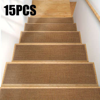 15片装亚麻防滑楼梯垫 宠物静音台阶垫 背胶固定老人防滑踏步贴 30x8英寸可裁剪楼梯条 四季通用防滑垫 可水洗缓冲护梯贴（周末不发货）