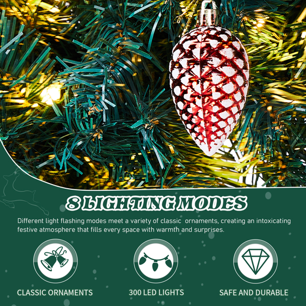 72in 绿色 花环 带蝴蝶结 红银色配饰 1200枝头 300LED暖白灯8模式  带遥控   PVC 圣诞PVC花环 30V 3.6W 美规-2