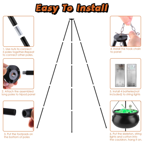 （自提可发加拿大，temu&tk下自提单）万圣节女巫坩埚装饰套装，金属三脚架、骷髅装饰及2串灯饰，室内外皆宜，轻松安装，适用于门廊、庭院、花园派对装饰。-8