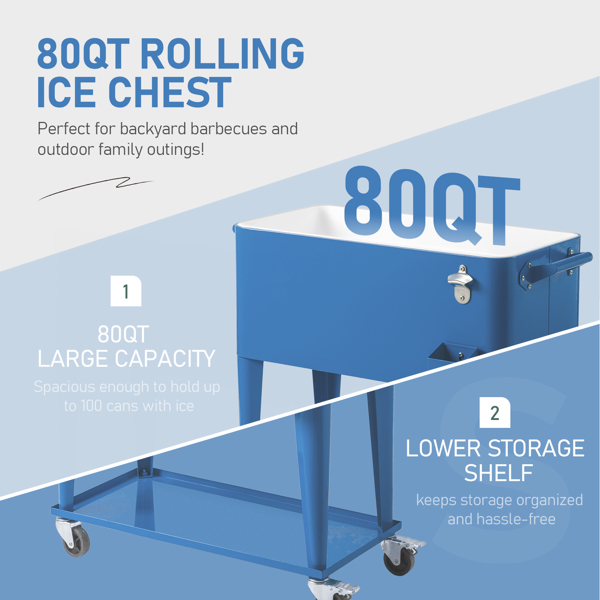 80QT 海军蓝 冷冻保温推车 87.5*38.5*91cm 长方形 塑料箱体 铁脚管 冷冻保温-2