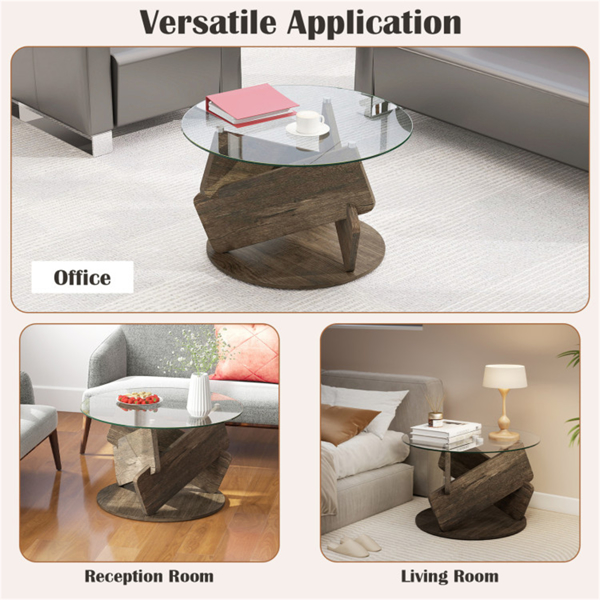 32英寸灰色圆形钢化玻璃咖啡桌-现代风格，承重200磅，实心橡胶木底座-6