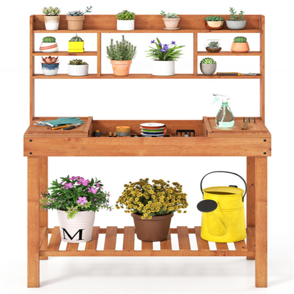 61英寸木制园艺工作台：翻转式桌面+隐藏式隔间，3层存储，净重35磅，硬木花园桌-5
