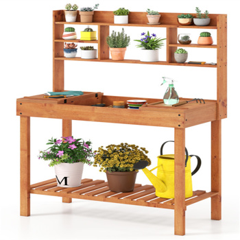 61英寸木制园艺工作台：翻转式桌面+隐藏式隔间，3层存储，净重35磅，硬木花园桌