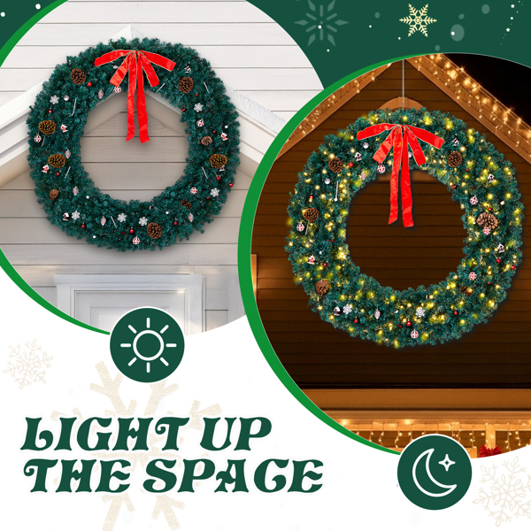 72in 绿色 花环 带蝴蝶结 红银色配饰 1200枝头 300LED暖白灯8模式  带遥控   PVC 圣诞PVC花环 30V 3.6W 美规-5