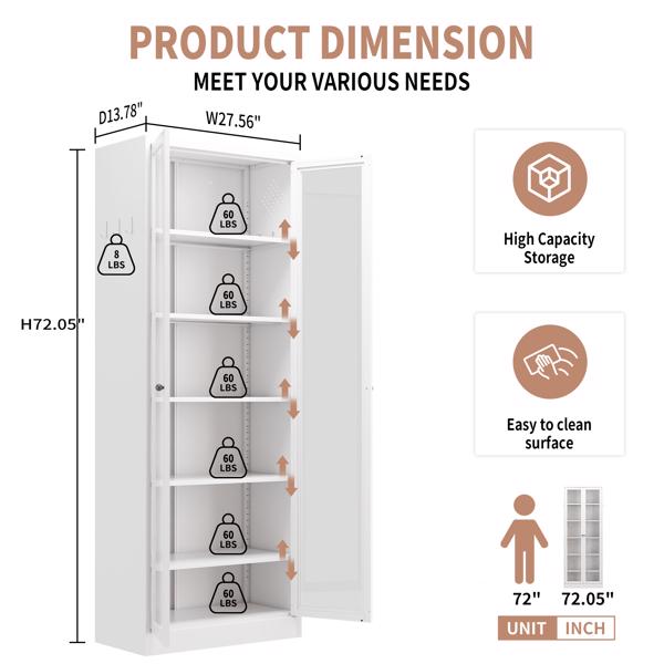 金属厨房食品柜 - 72 英寸高储物柜，带 5 个可调节搁板，白色独立式橱柜，适用于厨房/食品储藏室/浴室--不支持self pick up-4