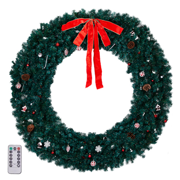 72in 绿色 花环 带蝴蝶结 红银色配饰 1200枝头 300LED暖白灯8模式  带遥控   PVC 圣诞PVC花环 30V 3.6W 美规