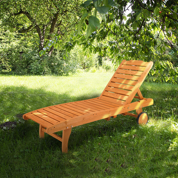  杉木 带轮带抽屉 两档调节 庭院木躺床 183*58*36.5cm 原木色 户外庭院 N001-21